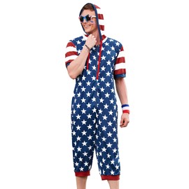 Mainfini Men American Flag Outfits Casual Star And Flag Onesie Funny USA Patriotic Stretch One Piece Jumpsuits XXL