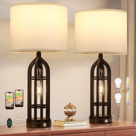 Table Lamp for Living Room - White Farmhouse Lamps for Night Stands with USB C+A, 3 Way Dimmable End Table Lamps Set of 2, Vintage Bedside Lamp for End Tables, Rustic Nightstand Lamps for Bedroom