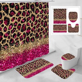 Litabel 4 Pcs Hot Pink Leopard Print Shower Curtain Set with Non-Slip Rugs, Toilet Lid Cover and Bath Mat, Wild Animal Skin Bathroom Decor Set with Shower Curtain and Rugs(Hooks Not Included)