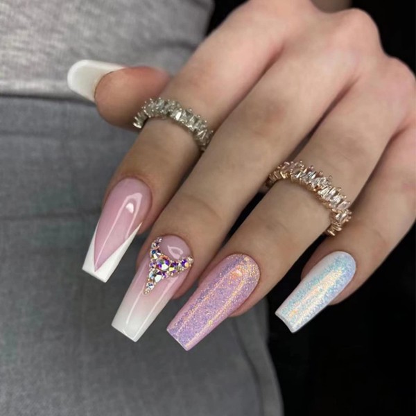 JUSTOTRY 24 Pieces Glitter False Nails Long with Diamond White French Nails Press On Nails Pink Ballerina Acrylic Coffin False Nails with Glue for Nail Art