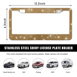 Ohleats Car License Plate Frame, Sparkling Stainless Steel License Plate Frame, Bling Diamond License Plate Holder Cover for Women Men, Universal Exterior Car Accessories (Coffee)