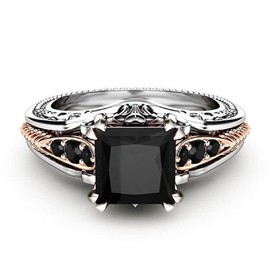 LIOYSIUT Eternal 925 Silver Black Tourmaline RingSquare Cut Diamond Ring Women's Retro Diamond Ring (Size 6)