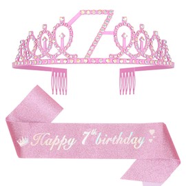 Leixi 7th Birthday Decorations for Girls,Pink Birthday Sash and Crown Tiara Set,Happy 7th Birthday Party Supplies(Pink 7th)