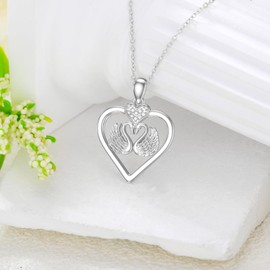 LWXIE 925 Sterling Silver Swan Heart Necklace,Diamond Swan Necklace for Women, Valentine's Day Gifts for Women