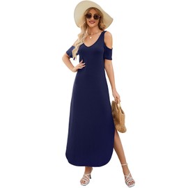 Gracyoga Maxi Dress for Women Casual Summer V Neck Cold Shoulder Short Sleeve Split Long Beach Dresses with Pockets Darkblue