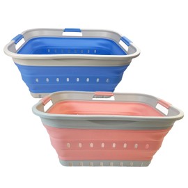 SAMMART Set of 2 Collapsible Plastic Laundry Basket - Foldable Pop Up Storage Container/Organizer - Portable Laundry Hamper - Space Saving (Little Boy Blue+Quartz Pink, 42L)
