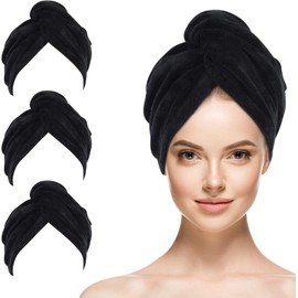 SINLAND Gorro de microfibra para secado de pelo, turbante para cabello largo, toallas de secado rápido, turbante de cabeza, absorbente, suave, ligero, paquete de 3 unidades, color negro