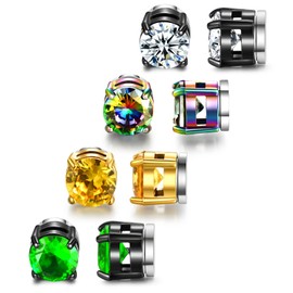 SIISPRI 4 Pairs Stainless Steel Magnetic Stud Earrings for Men Women Hypoallergenic Inlaid Cubic Zirconia Unisex Non-Piercing Clip On Stud Diamond Earrings Set
