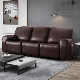 JOKIVTOU 1/2/3 Seats PU Leather Stretch Recliner Cover Sofa Cover with Side Pockets Waterproof Slipcover Recliner Couch Cover Furniture Protector with Elastic Bottom Living Room
