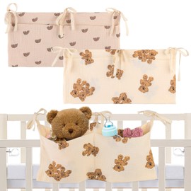 Pack of 2 Baby Bed Organiser, 2-in-1 Baby Nursery Organiser, Khaki Organiser, Side Cot Baby, Hanging Baby Bed Storage Bag, Bed Organiser Cot for Nappies, Bottles