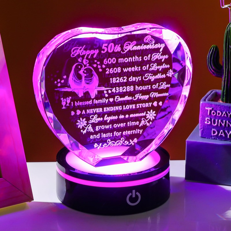 YWHL 50th Wedding Anniversary Crystal Heart Gifts for Parents Couple,