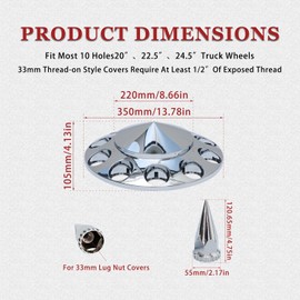 33mm Chrome Front Axle Wheel Cover Set for Semi Trucks ABS Plastic Wheel Hub Caps with Screw-On Lug Nut Covers 2 Front Axle Wheel Hubcaps (Spiked)