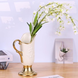 Ceramic Water Pitcher Vase 9.8" Height Decor for Home,Stoneware Living Room Centerpiece Jug,Rustic Farmhouse and Vintage Pottery Gifts Glazed Decorative Vase with Handle (Pitcher ​​vase-White Gold)