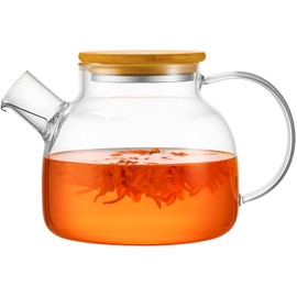 PARACITY Glass Teapot Stovetop 34oz/1000ml, Borosilicate Clear Tea Kettle with Removable 18/8 Stainless Steel Infuser,Glass Tea Kettle with Wooden Lid, Teapot for Loose Leaf Tea Fruit Tea Fragrant Tea