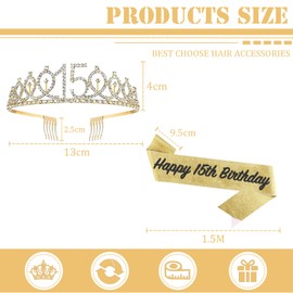 15th Birthday Sash and Tiara for Girls,Gold 15th Birthday Crown Costume Set for 15th Birthday Gifts,Rhinestone Birthday Crown and Shoulder Strap for Her 15th Birthday Decorations Party Accessories