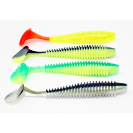 FLADEN Fishing - 4 x SOFT LURE RIBBED SHADS Assortment Imitation Bait Fish for Predatory Fishing - Comes with 2 Lead-Free Jig Heads (Pack 2, 4 x 8cm / 8g Size 2/0 jigs) [20-67002]