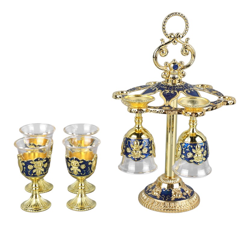 6Pcs Chinese Chalice Retro Style Zinc Alloy Glass Embossed Flower