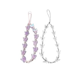 2PCS Colorful Butterfly Beaded Cell Phone Lanyard Strap Charms Handmade Imitation Pearl Wristlet Keychain Anti-Lost Mobile Phone Chain-White&Purple