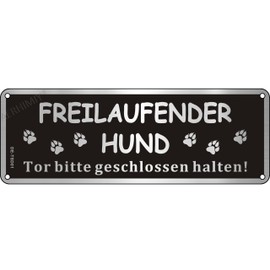 Freilaufender Hund Sign, Brushed Aluminium, 25 x 9 cm, 1 Piece Tor Bitte Geschlossen Halten Metal Sign with Footprint Pattern