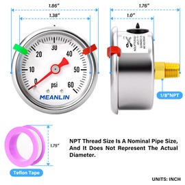 MEANLIN MEASURE 0~60Psi Pressure Gauge, Glycerin Filled 1/8" NPT 1.5" FACE DIAL, Stainless Steel Liquid Filled Pressure Gauge WOG Water Oil Air Back Mount (with 2PCS Snaps)