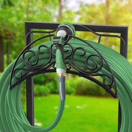Helhom Garden Hose Holder Storage Outside - Hose Holder Stand with 4 Spikes, Heavy Duty Rust-Resistant Metal Water Hose Holder for Outside, Black