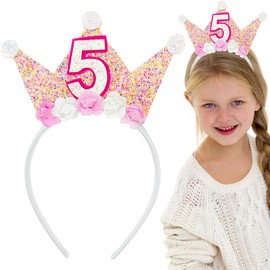 5th Decorations for Women, Birthday Crown Headbands, 5-Year-Old Happy Birthday Decorations Flower Princess Tiara Hair Accessory, Girls 5th Gift Party Supplies