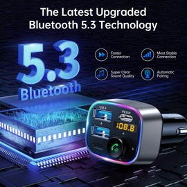 Syncwire Bluetooth 5.3 FM Transmitter Car Adapter 48W (PD 36W & 12W) [Light Switch] [Hi-Fi Deep Bass] [Fast Charge] Wireless Radio Music Adapter LED Display Hands-Free Calling Support USB Drive