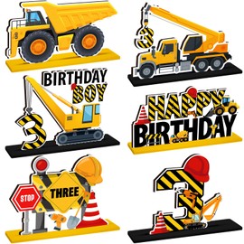 Yuntau 6 Pcs Construction 3rd Birthday Party Table Decorations Yellow Truck Construction Wooden Centerpiece Vehicles Car Table Sign Decor for Baby Shower Truck Themed 3rd Birthday Party Supplies