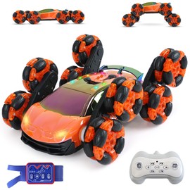 QPOU 8 Wheels RC Stunt Car Toys - Birthday Gifts for 6 7 8 9 10 11 12 Year Old Boys Kids, Gesture Sensing Remote Control Vehicle with 360-Degree Flips, Dual-Sided Off-Road Driving, Lights & Music