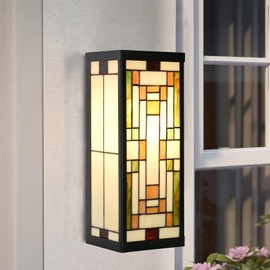 HomeBeauty WL0005 Tiffany Style Rectangular Outdoor Wall Lights Stained Glass Corridor Wall Lamp Vintage Outdoor Balcony Aisle Hallway Wall Sconce Lighting,6" Wx 5.5" D x16 H, Bulb Included (Bricks)