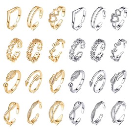 YVOETN 24Pcs Open Toe Rings Set for Women Adjustable Toe Band Knuckle Ring Arrow Knot Star Moon Finger Tail Foot Rings Summer Beach Foot Jewelry