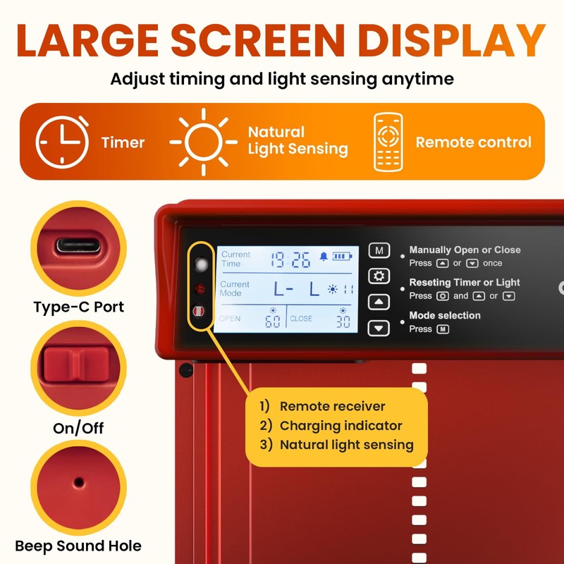 Okkobi Automatic Chicken Coop Door Solar Powered - LCD Display