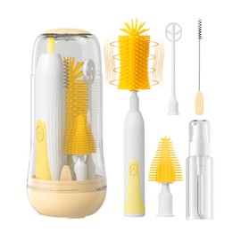 Electric Bottle Brush Cleaner, Rechargable Electric Baby Bottle Brush Cleaner with Nipple & Straw Brush, Waterproof Electric Bottle Brush for Travel, Baby Bottle Brush Set with Drying Rack, Yellow