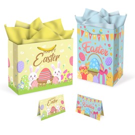 Aviski 2 PACK Easter Gift Bags, 13 x 10.2 x 4.9 in, with Greeting Cards and Tissue Paper, Winter Holiday Paper Bags for Party Favor, Gift Wrapping