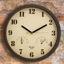 laimaimi Small Outdoor Clocks for Patio 10 Inch Silent Non-Ticking Analog Clock with Thermometer & Hygrometer, Battery Operated, Indoor Outdoor Use Waterproof Wall Clocks