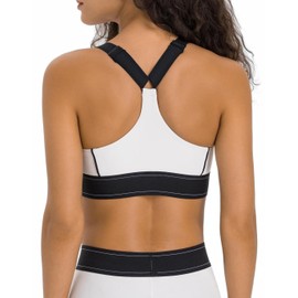 AMRIY Women's Medium Support Sports Bra with Adjustable Straps Removable Pads Color Contrast Band Yoga Workout Bra White,4
