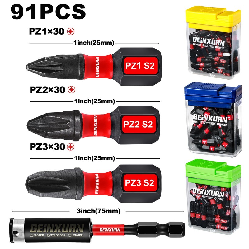 Geinxurn Impact Pozi Screwdriver Bits Set,90 Pcs 1" Magnetic (PZ1/PZ2/PZ3)