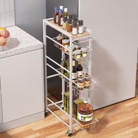 PAPAGIFTREE 4 Tier Slim Rolling Storage Cart with Pull-Out Baskets, Narrow Sliding Storage Laundry Cart, Slim Laundry Rolling Cart Between Washer and Dryer Storage, Laundry Storage Cart (White)