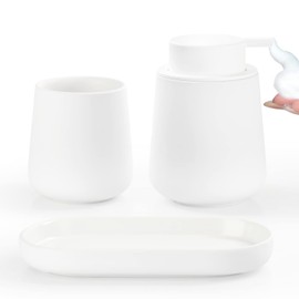 BosilunLife Bathroom Accessories Set 3 pcs - Bathroom Ceramic Foaming Soap Dispenser Set Farmhouse White Bathroom Decor, Foam Soap Dispenser and Toothbrush Holder/Tumbler Cup, Tray
