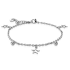 Bungsa Charm Bracelet Silver with Star, Heart and Ball Stainless Steel (Charm Chain Bracelet, Women's Bracelet, Men's Bracelet, Surgical Steel Jewellery, Stainless Steel Bracelet), Stainless Steel,