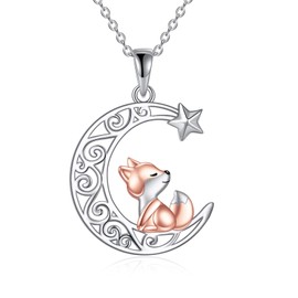 YAFEINI Fox Necklace 925 Sterling Silver Moon Pendant Star Necklace Cute Animal Jewelry for Women Girls