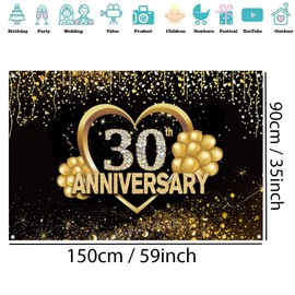 Happy 30th Anniversary Banner Background Decorations, Wedding Anniversary 30th Happy Anniversary Party Poster Accessories Fabric Sign Poster, Black Gold Anniversary Decor, 1.5m