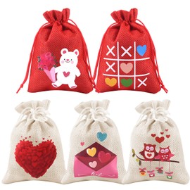 TUPARKA 25 Pcs Heart Love Shaped Drawstring Gift Bags for Valentine's Day Party Favors, Valentine's Day Cotton Favor Pouches for Goodies, Sachets, and Jewelry, 5 Designs
