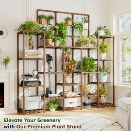 EnHomee 63''H Plant Stand Indoor Tall Plant Stands Outdoor with 7 Tiers and 14 Potted Upgrade Wood Plants Shelves Stand for Living Room Patio Balcony Yard Garden, 11.8''D×56''W×63''H