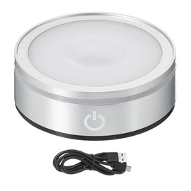 PATIKIL LED Light Base Non-Slip Round Display Stand, LED 6 Lighting Mode Multicolor Groove Light Base for Glass Ball 3D Crystal Party Decoration, Silver