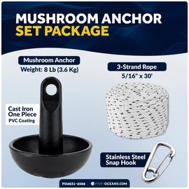 Five Oceans 8 Lb Mushroom Boat Anchor Kit, Black PVC Vinyl Coating, 3-Strand Rope 5/16" x30', Marine Snap Hook, Paddle Board, Small Boat, Jet Ski, Canoe, Kayak Anchor - FO4631-4566
