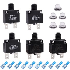 mxuteuk 5Pcs 3,5,10,15,20Amp Circuit Breakers Push Button Manual Reset 125/250V AC 32V DC,Overload Protector Switch Thermal Circuit Breakers with Quick Connect Terminals and Waterproof Button Caps