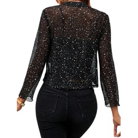 GORGLITTER Glitter Tops Women's Party Outfit Mesh Glitter Jacket Transparent Jacket Festival Outfit Summer Cardigan Lightweight Long Sleeve Tops, black, S