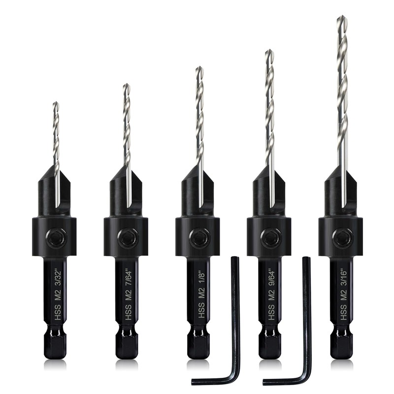 5-pc Countersink Drill Bit Set, 3in1 Woodworking Counterbore Hole Drill