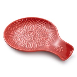 MIKIGEY Ceramic Spoon Rest, 7.48 Inches Spoon Holder for Kitchen Counter, Kitchen Accessories, Dishwasher Safe, Red